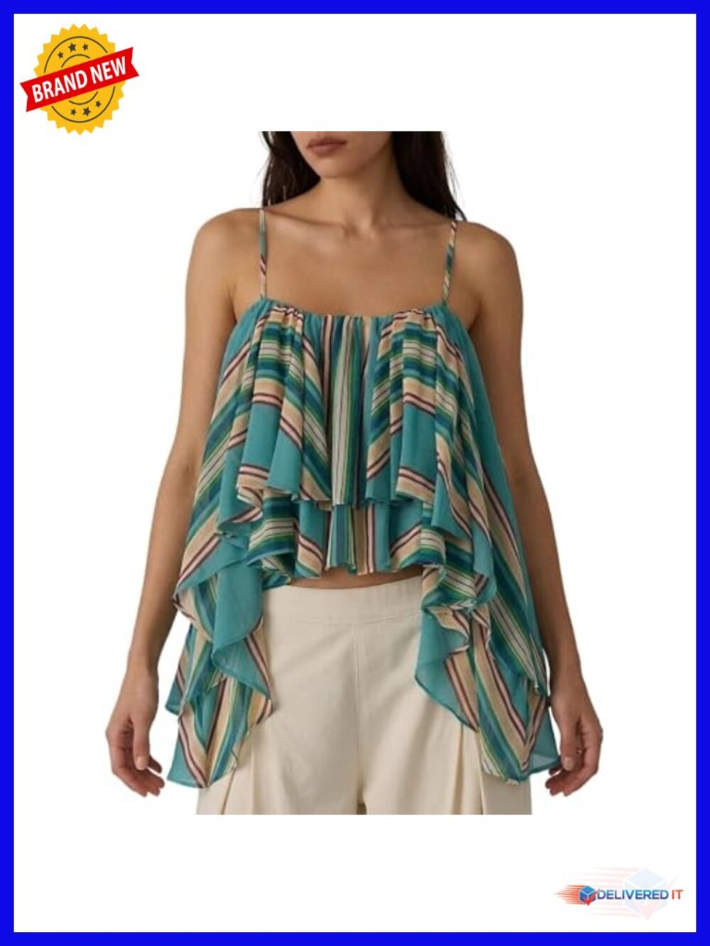 Boho Striped Ruffled Cami Top Layered Babydoll Tank Sleeveless Summer